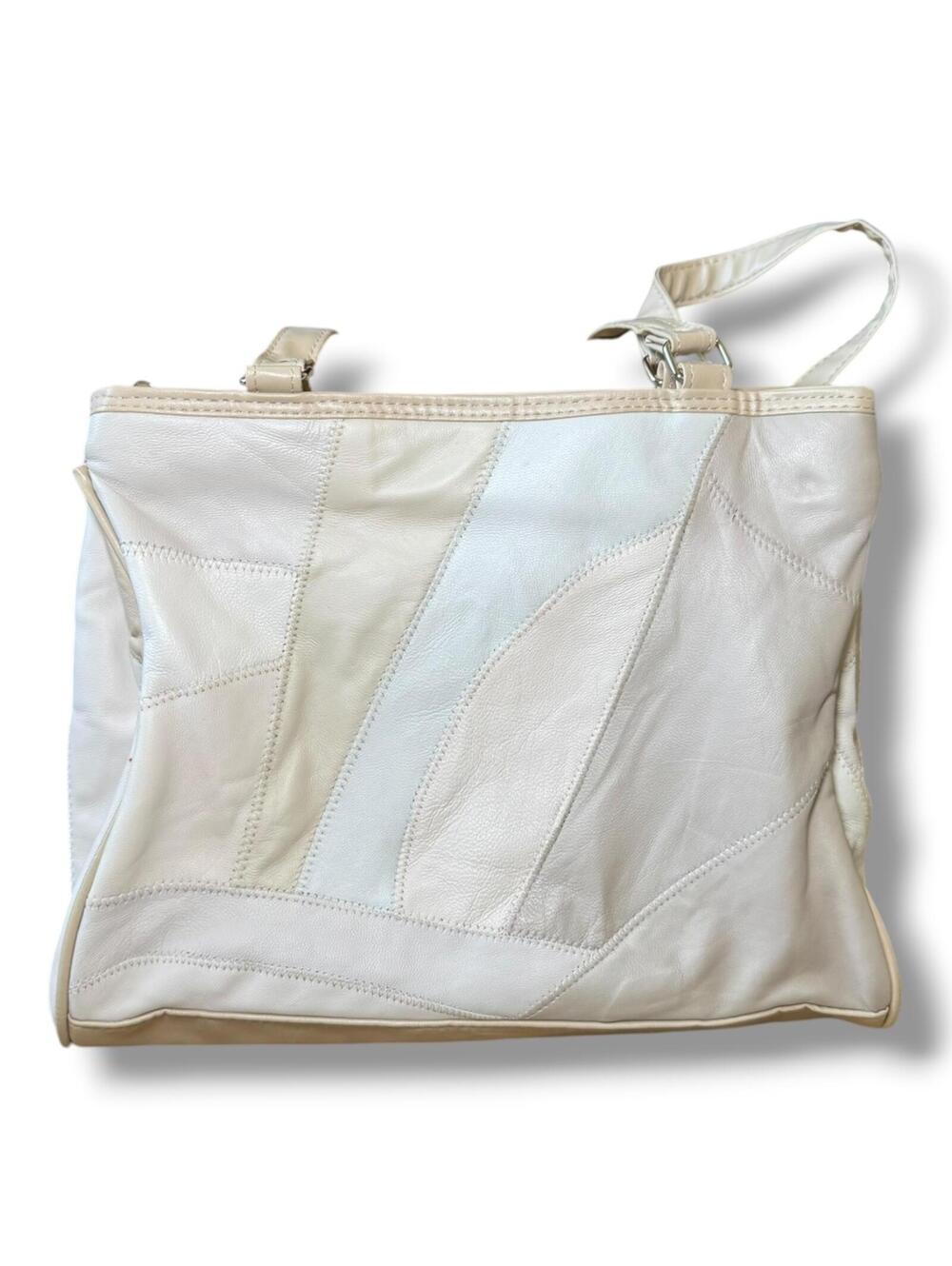 Vintage Patchwork Purse Cream Tan Leather Braided Shoulder Zipper Bag EUC - Picture 3 of 8